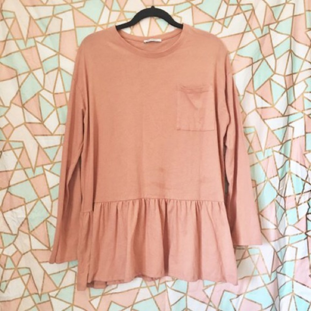 Zara peach peplum long sleeve cotton tee